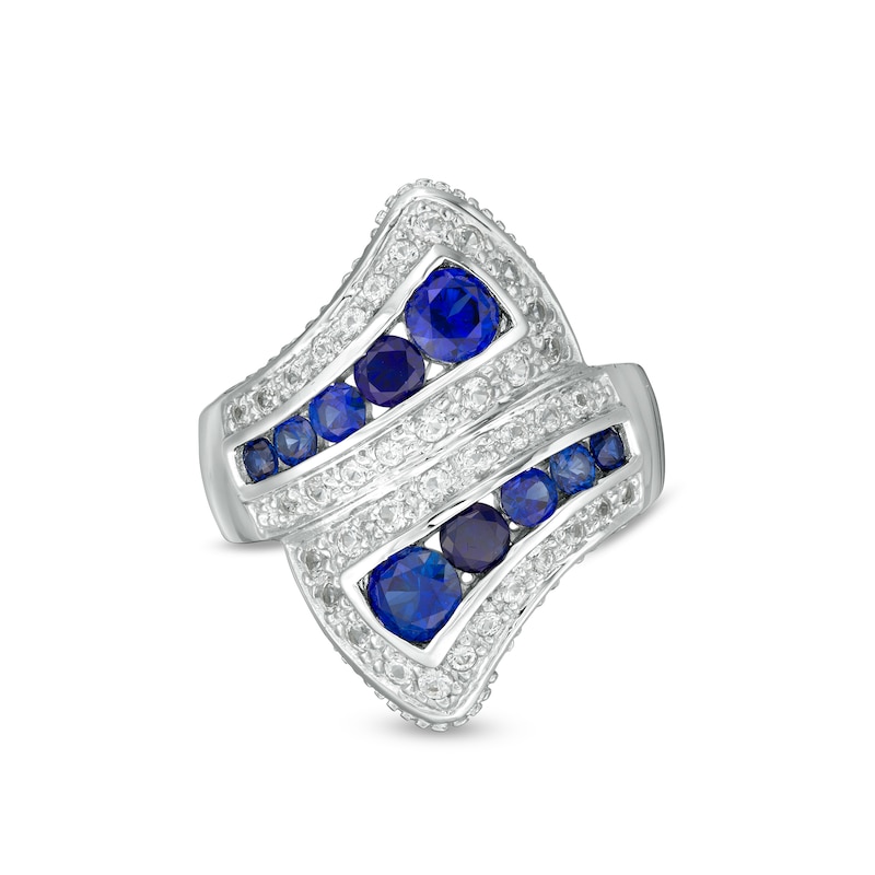 Graduated Lab-Created Blue and White Sapphire Triple Row Bypass Loop Ribbon Ring in Sterling Silver|Peoples Jewellers
