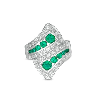 Graduated Lab-Created Emerald and White Sapphire Triple Row Bypass Loop Ribbon Ring in Sterling Silver