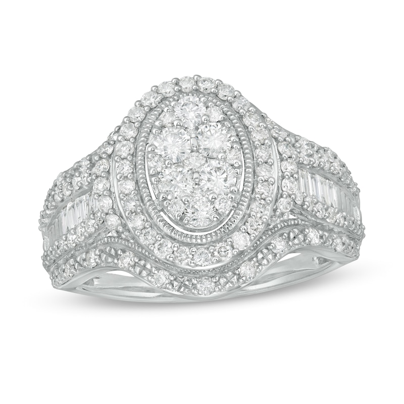 1.00 CT. T.W. Composite Oval Diamond Frame Multi-Row Engagement Ring in 10K White Gold|Peoples Jewellers