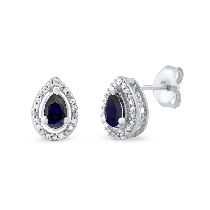 Pear-Shaped Blue Sapphire and 0.07 CT. T.W. Diamond Frame Vintage-Style Stud Earrings in 10K White Gold