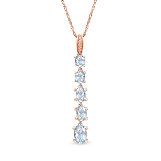 Oval Aquamarine and Diamond Accent Graduated Linear Five Stone Drop Pendant in 10K Rose Gold