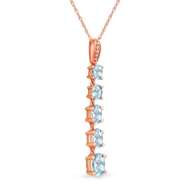 Oval Aquamarine and Diamond Accent Graduated Linear Five Stone Drop Pendant in 10K Rose Gold