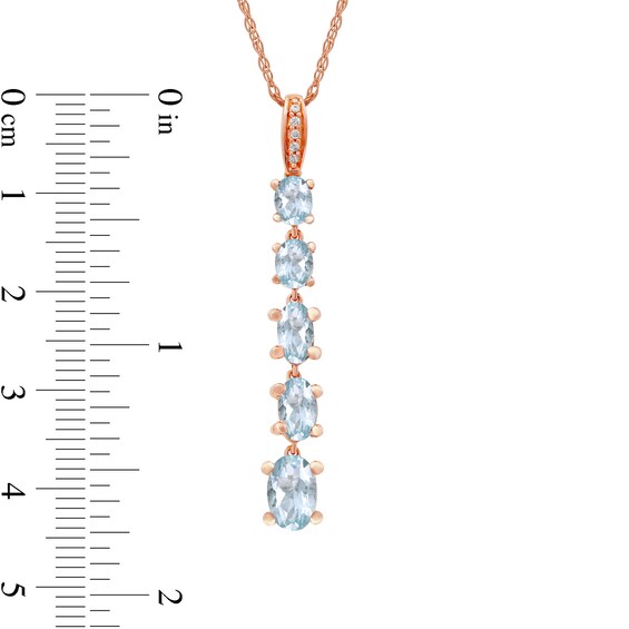 Oval Aquamarine and Diamond Accent Graduated Linear Five Stone Drop Pendant in 10K Rose Gold