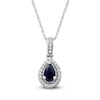 Thumbnail Image 0 of Pear-Shaped Blue Sapphire and 0.06 CT. T.W. Diamond Frame Vintage-Style Drop Pendant in 10K White Gold
