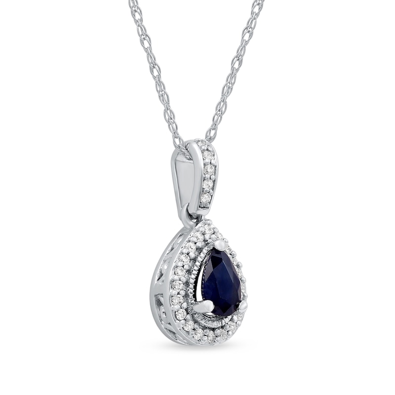Pear-Shaped Blue Sapphire and 0.06 CT. T.W. Diamond Frame Vintage-Style Drop Pendant in 10K White Gold