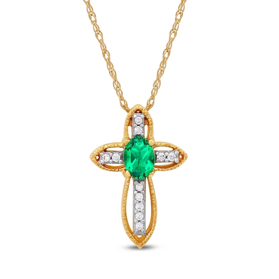 Oval Emerald and Diamond Accent Open Frame Vintage-Style Cross Pendant in 10K Gold