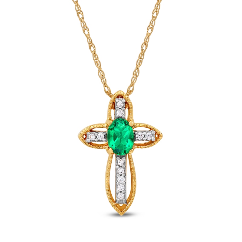Oval Emerald and Diamond Accent Open Frame Vintage-Style Cross Pendant in 10K Gold|Peoples Jewellers