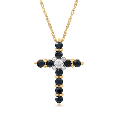 Blue Sapphire and 0.05 CT. Diamond Cross Pendant in 10K Gold