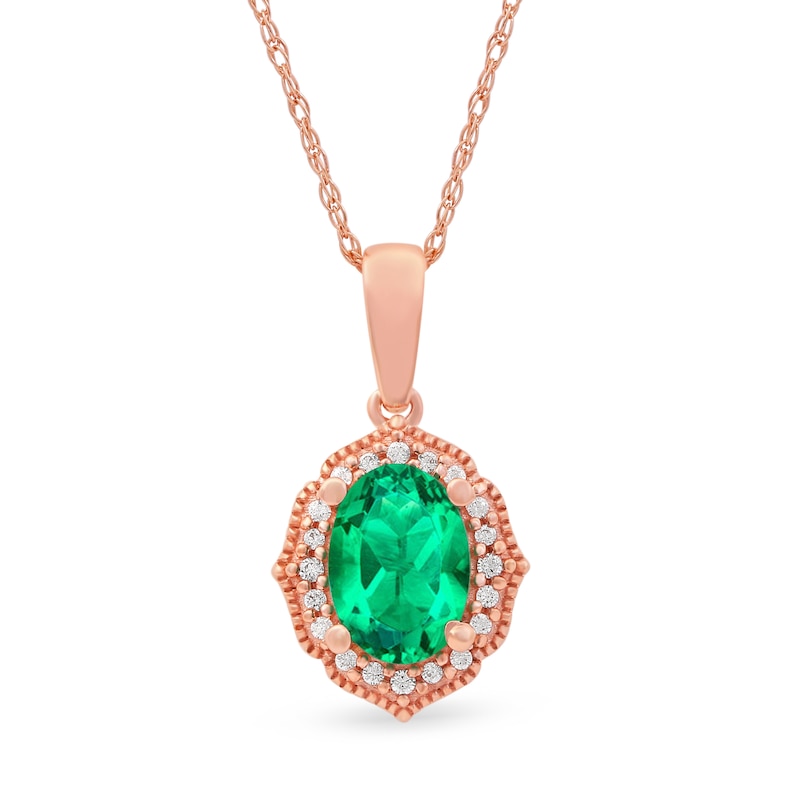 Oval Emerald and 0.06 CT. T.W. Diamond Quatrefoil Frame Vintage-Style Pendant in 10K Rose Gold|Peoples Jewellers