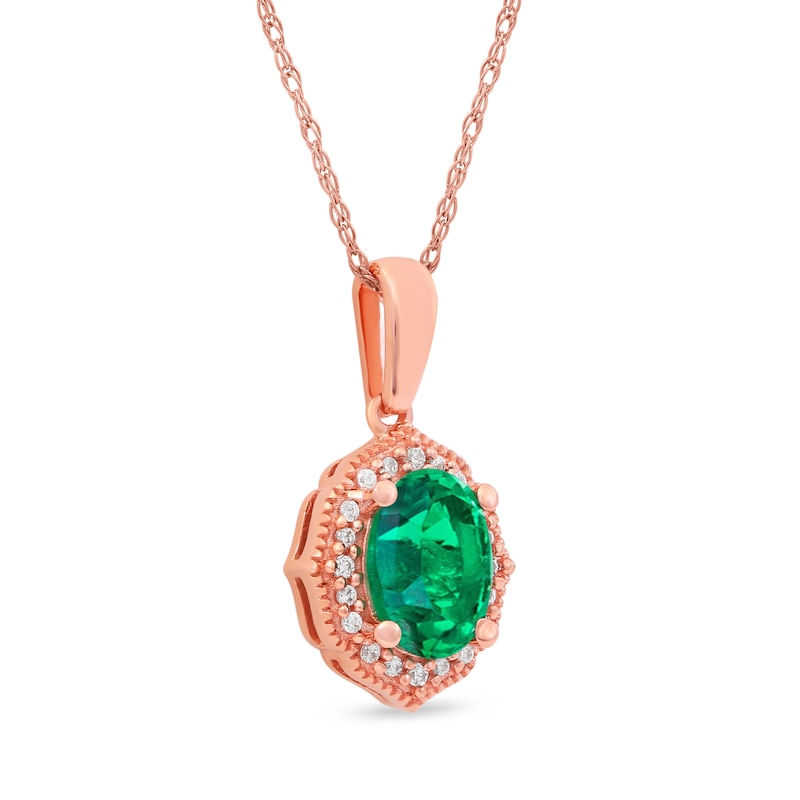 Oval Emerald and 0.06 CT. T.W. Diamond Quatrefoil Frame Vintage-Style Pendant in 10K Rose Gold|Peoples Jewellers