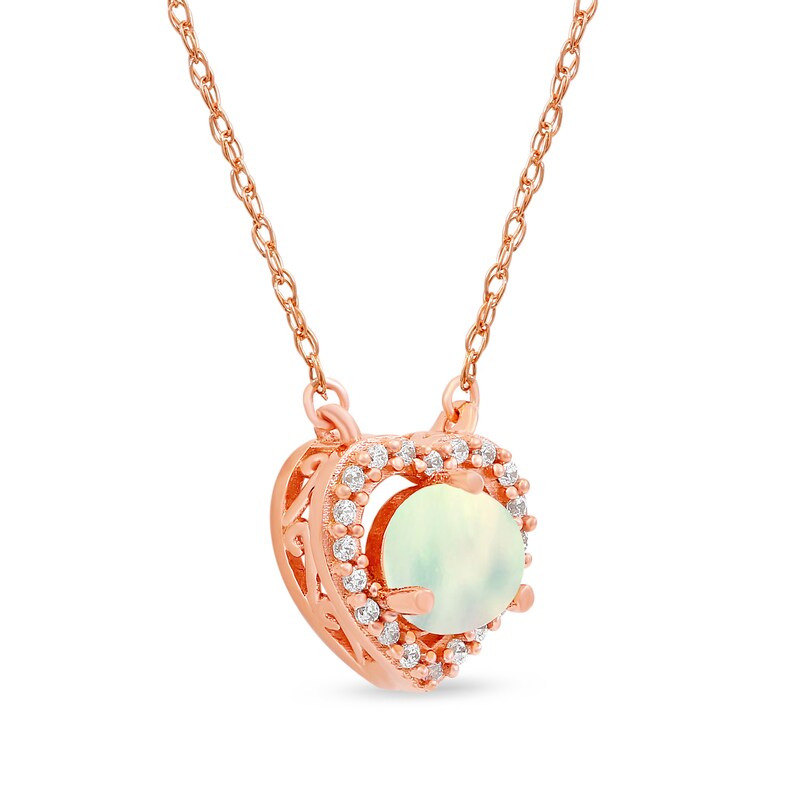 Main Image 2 of 5.0mm Opal and 0.08 CT. T.W. Diamond Open Frame Vintage-Style Heart Necklace in 10K Rose Gold