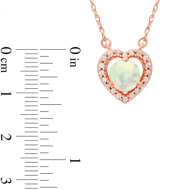 Main Image 4 of 5.0mm Opal and 0.08 CT. T.W. Diamond Open Frame Vintage-Style Heart Necklace in 10K Rose Gold