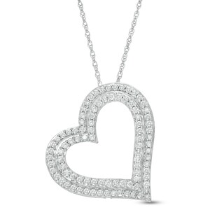 0.95 CT. T.W. Diamond Double Row Tilted Heart Pendant in 10K Gold