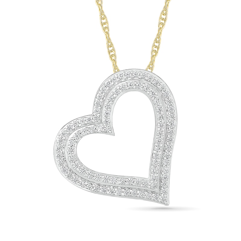 Main Image 1 of 0.95 CT. T.W. Diamond Double Row Tilted Heart Pendant in 10K Gold