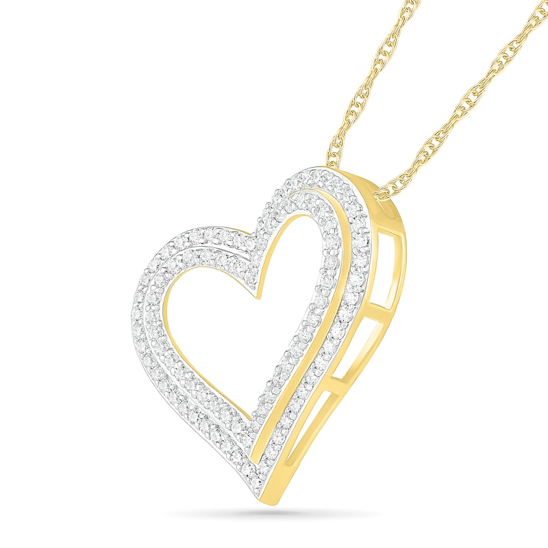 Main Image 2 of 0.95 CT. T.W. Diamond Double Row Tilted Heart Pendant in 10K Gold