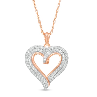 0.45 CT. T.W. Diamond Double Row Curly Heart Pendant in 10K Rose Gold