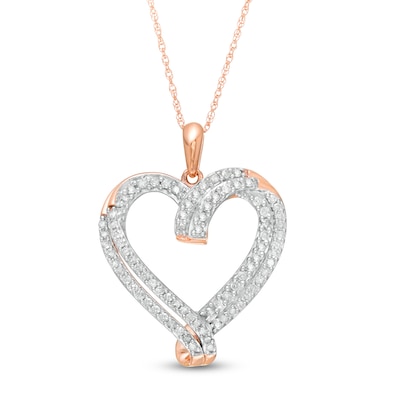 0.45 CT. T.W. Diamond Double Row Ribbon Heart Pendant in 10K Rose Gold