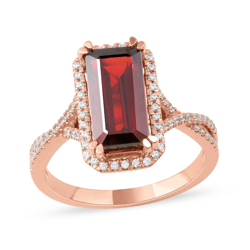 Emerald-Cut Garnet and 0.25 CT. T.W. Diamond Octagonal Frame Crossover Shank Ring in 10K Rose Gold|Peoples Jewellers