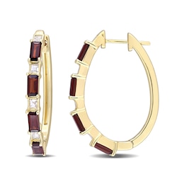 Baguette Garnet and White Topaz Alternating Oval Hoop Earrings in Sterling Silver with Yellow Rhodium