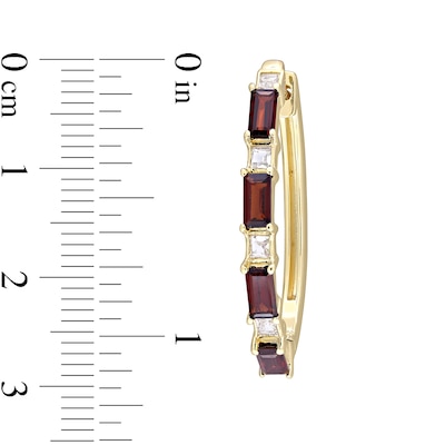 Baguette Garnet and White Topaz Alternating Oval Hoop Earrings in Sterling Silver with Yellow Rhodium