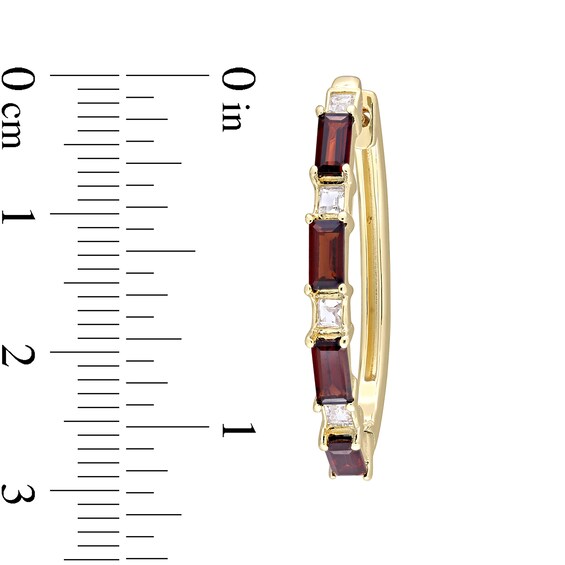 Baguette Garnet and White Topaz Alternating Oval Hoop Earrings in Sterling Silver with Yellow Rhodium