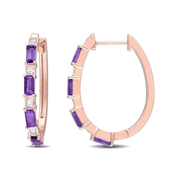 Baguette Amethyst and White Topaz Alternating Oval Hoop Earrings in Sterling Silver with Rose Rhodium