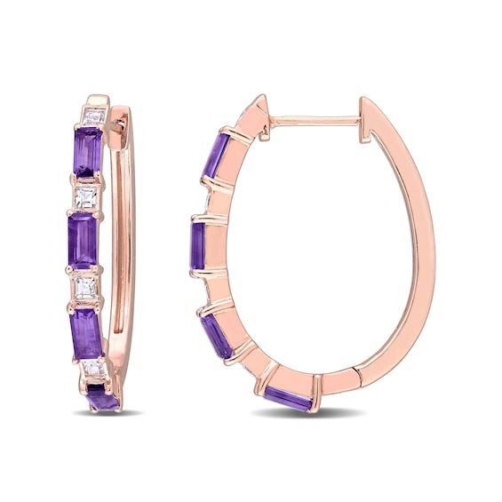 Baguette Amethyst and White Topaz Alternating Oval Hoop Earrings in Sterling Silver with Rose Rhodium