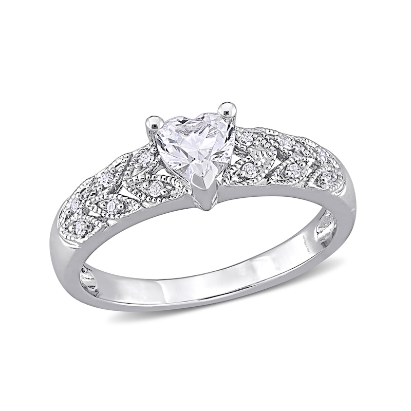 5.0mm Heart-Shaped Lab-Created White Sapphire and 0.06 CT. T.W. Diamond Leaf-Sides Vintage-Style Ring in Sterling Silver|Peoples Jewellers