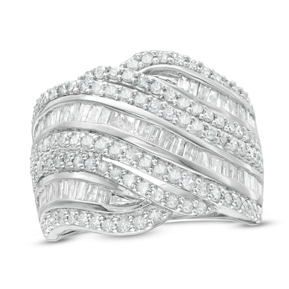 1.45 CT. T.W. Baguette and Round Diamond Alternating Waves Ring in 10K White Gold