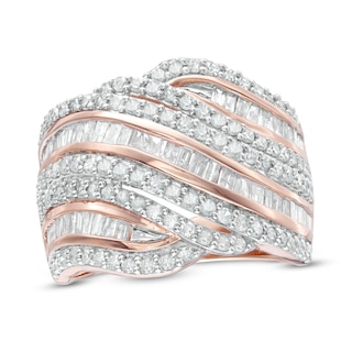 1.45 CT. T.W. Baguette and Round Diamond Alternating Waves Ring in 10K Rose Gold