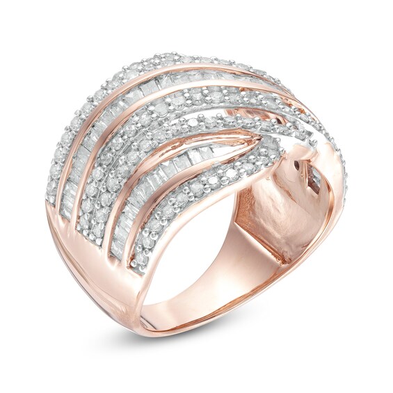 1.45 CT. T.W. Baguette and Round Diamond Alternating Waves Ring in 10K Rose Gold