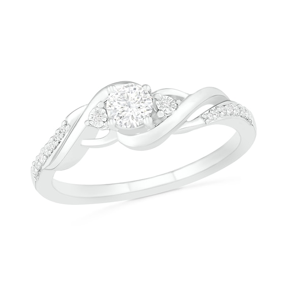 4.0mm Lab-Created White Sapphire and 0.04 CT. T.W. Diamond Bypass Twist Shank Ring in Sterling Silver