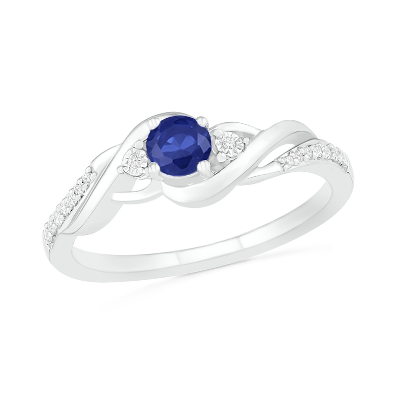 4.0mm Lab-Created Blue Sapphire and 0.04 CT. T.W. Diamond Bypass Twist Shank Ring in Sterling Silver|Peoples Jewellers