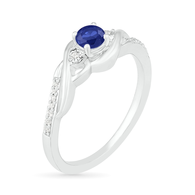 4.0mm Lab-Created Blue Sapphire and 0.04 CT. T.W. Diamond Bypass Twist Shank Ring in Sterling Silver|Peoples Jewellers