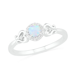 4.0mm Lab-Created Opal and 0.04 CT. T.W. Diamond Frame Filigree Heart-Sides Ring in Sterling Silver