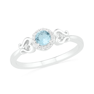 4.0mm Aquamarine and 0.04 CT. T.W. Diamond Frame Filigree Heart-Sides Ring in Sterling Silver