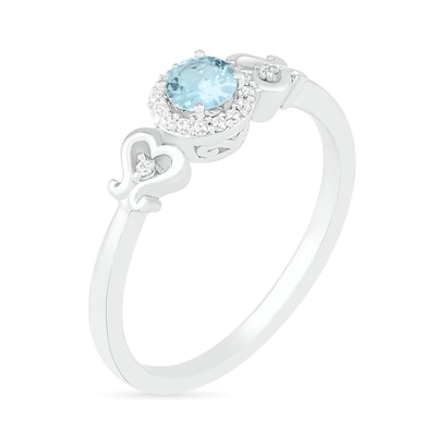 4.0mm Aquamarine and 0.04 CT. T.W. Diamond Frame Filigree Heart-Sides Ring in Sterling Silver