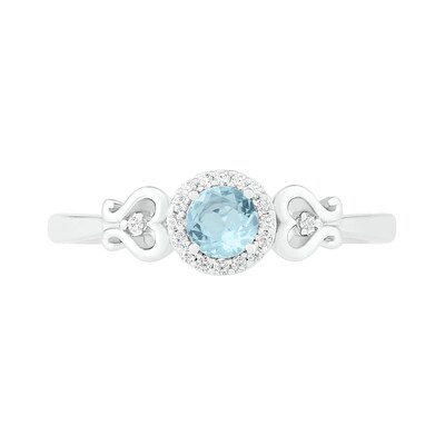 4.0mm Aquamarine and 0.04 CT. T.W. Diamond Frame Filigree Heart-Sides Ring in Sterling Silver