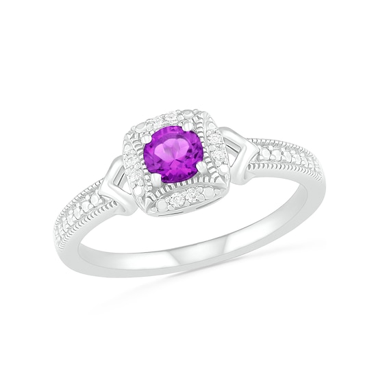 4.0mm Amethyst and 0.04 CT. T.W. Diamond Cushion Frame Chevron Side Accent Vintage-Style Ring in Sterling Silver