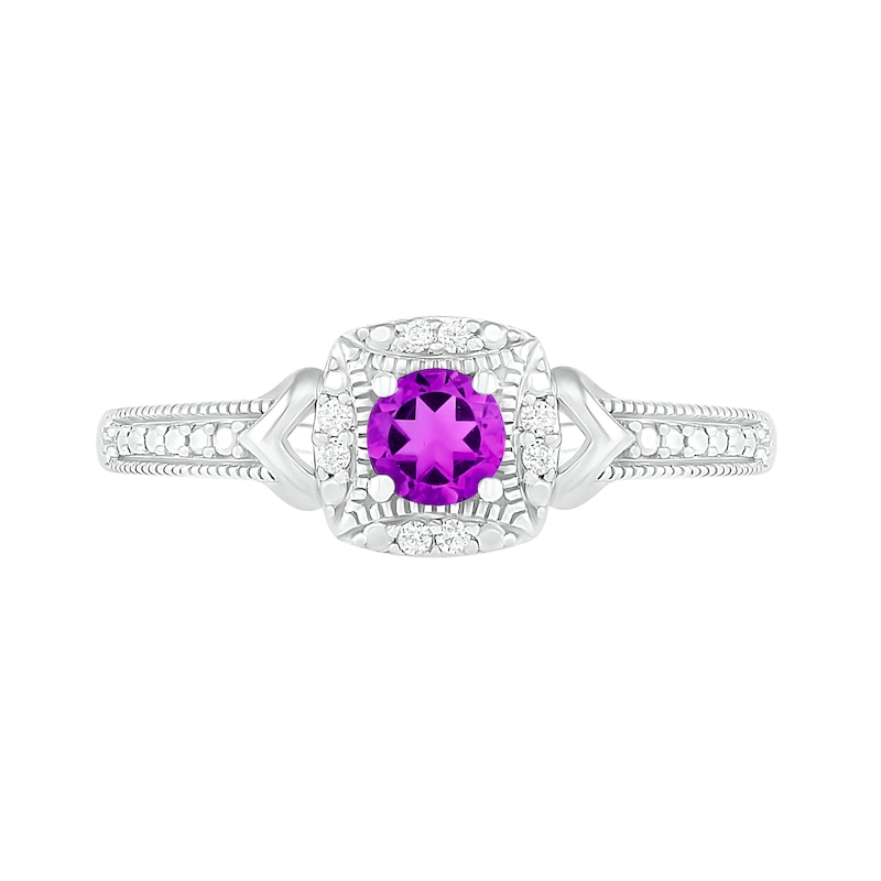 4.0mm Amethyst and 0.04 CT. T.W. Diamond Cushion Frame Chevron Side Accent Vintage-Style Ring in Sterling Silver|Peoples Jewellers