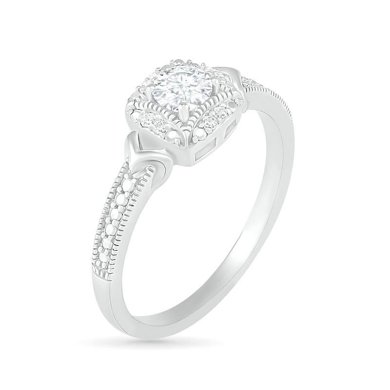4.0mm Lab-Created White Sapphire and 0.04 CT. T.W. Diamond Cushion Frame Vintage-Style Ring in Sterling Silver|Peoples Jewellers