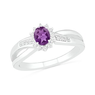 Oval Amethyst and Lab-Created White Sapphire Starburst Frame Crossover Split Shank Ring in Sterling Silver