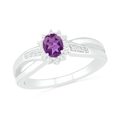 Oval Amethyst and Lab-Created White Sapphire Starburst Frame Crossover Split Shank Ring in Sterling Silver