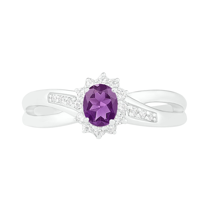 Oval Amethyst and Lab-Created White Sapphire Starburst Frame Crossover Split Shank Ring in Sterling Silver