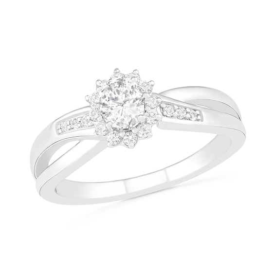 Oval Lab-Created White Sapphire Starburst Frame Crossover Split Shank Ring in Sterling Silver