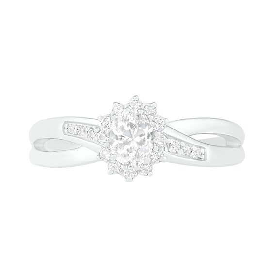 Oval Lab-Created White Sapphire Starburst Frame Crossover Split Shank Ring in Sterling Silver