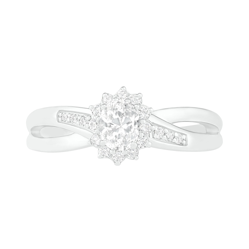 Oval Lab-Created White Sapphire Starburst Frame Crossover Split Shank Ring in Sterling Silver|Peoples Jewellers