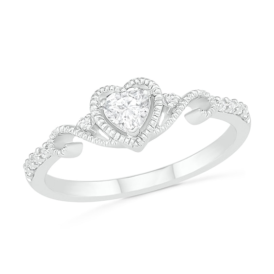 4.0mm Heart-Shaped Lab-Created White Sapphire Bead Frame Scrollwork Tapered Shank Vintage-Style Ring in Sterling Silver