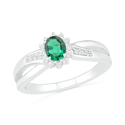 Oval Lab-Created Emerald and White Sapphire Starburst Frame Crossover Split Shank Ring in Sterling Silver