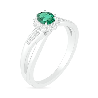 Oval Lab-Created Emerald and White Sapphire Starburst Frame Crossover Split Shank Ring in Sterling Silver